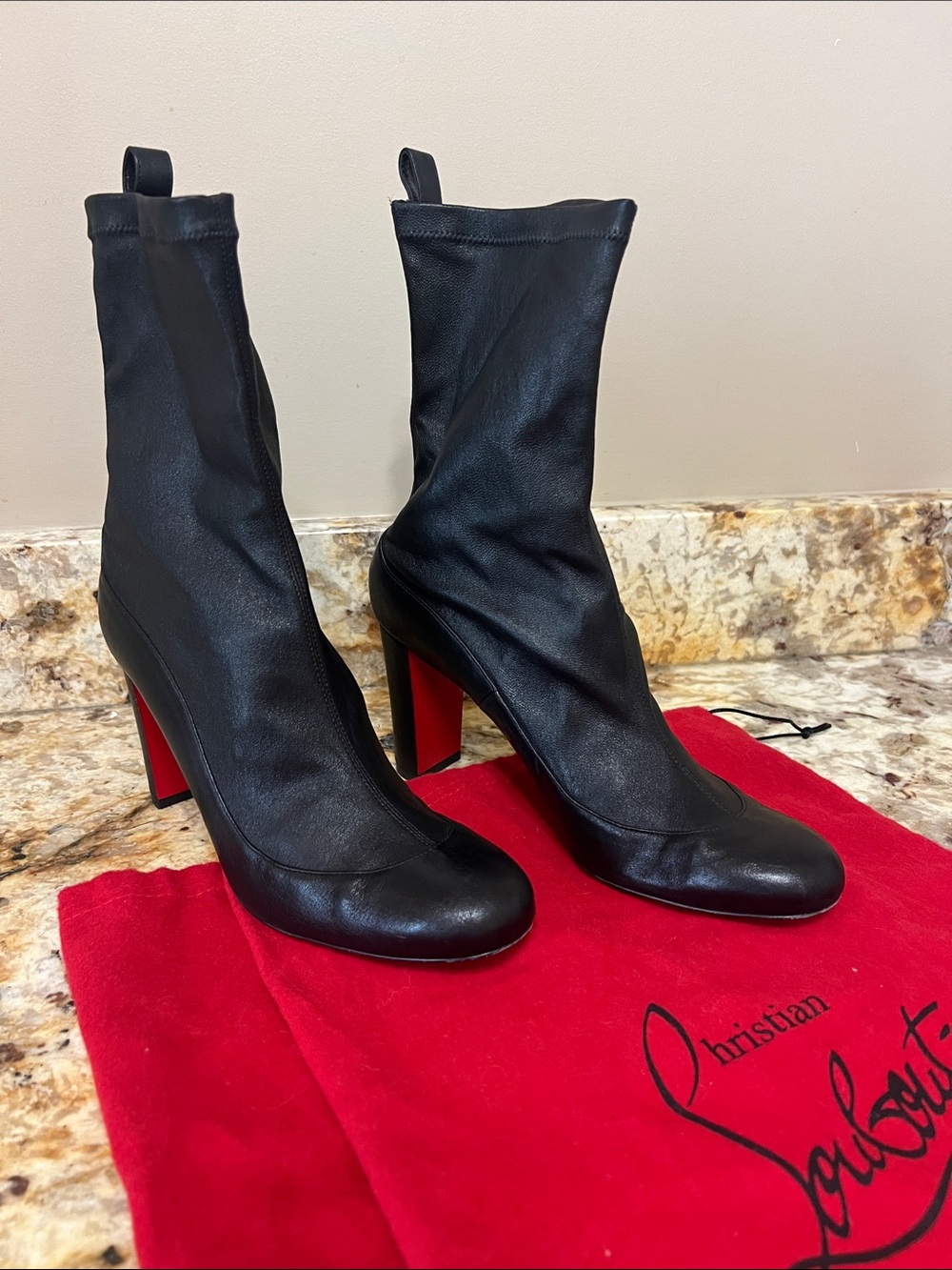 Christian Louboutin Black Stretch Leather Sock Boots with Red Block Heel, 39.5